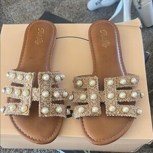 Pearl Embellished Tan Slide Sandals